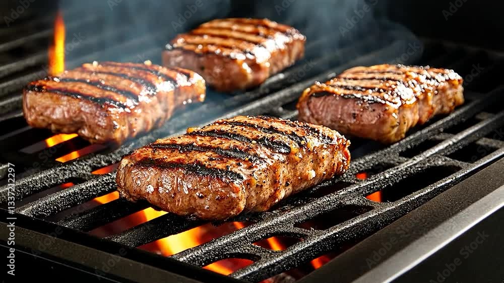 Grilled steaks sizzling on a barbecue, with smoke rising and glowing coals in the background Grilled steaks sizzling on a barbecue, with smoke rising and glowing coals in the background
