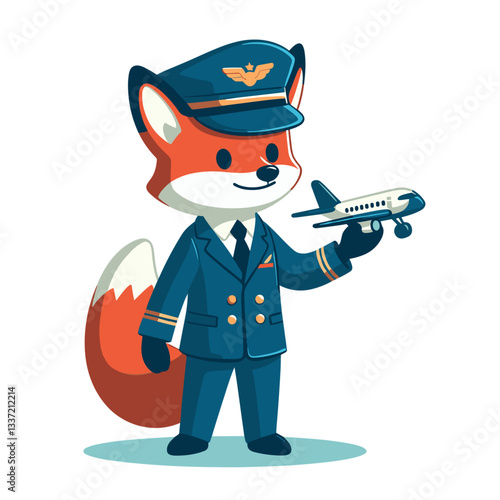 Vector cartoon fox as airline pilot holding toy airplane. Perfect for aviation themes, travel agencies, or professional uniform illustrations.