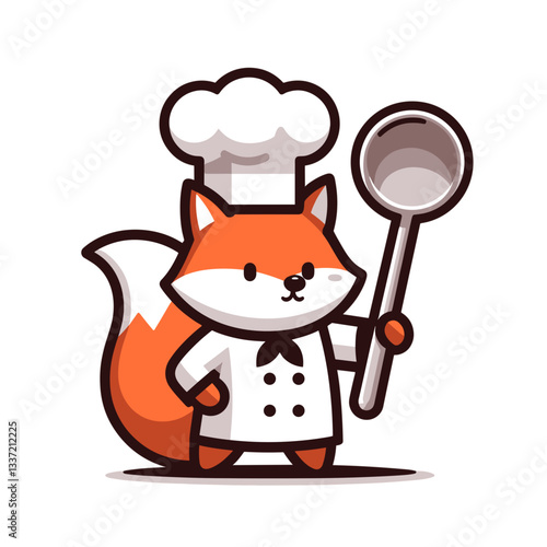 Chef fox character in white uniform holding ladle. Vector illustration for culinary arts, cooking classes, or restaurant service branding.