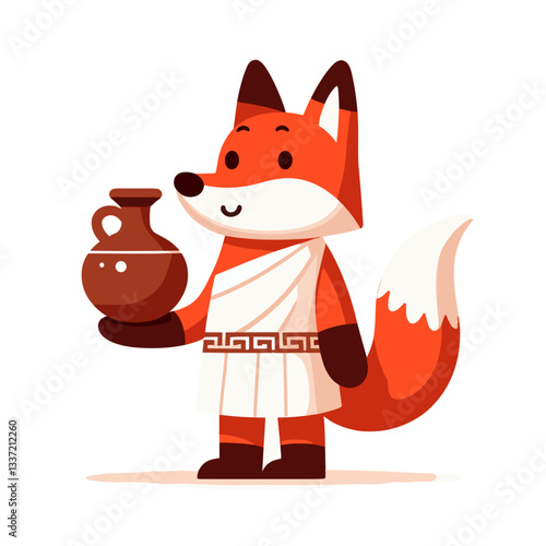 Ancient Greek fox character in white toga holding pottery vase. Vector illustration for historical education, classical civilization themes, or museum exhibitions.