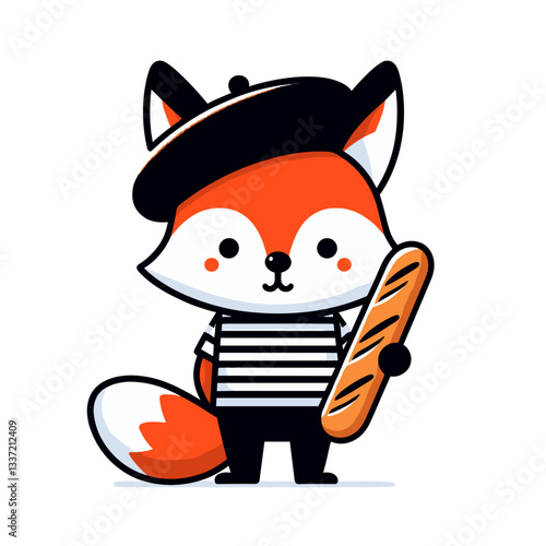 Vector cartoon fox in black beret and striped shirt holding baguette. Perfect for French cuisine, bakery branding, or cultural tourism content.