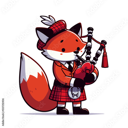 Vector cartoon fox bagpiper in traditional Scottish kilt and tam. Perfect for Celtic festivals, Scottish cultural events, or highland games promotions.