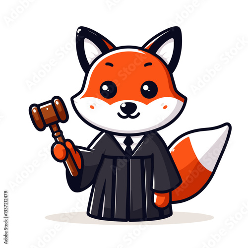 Vector cartoon fox judge in black robe holding wooden gavel. Ideal for legal services, courthouse educational content, or justice system illustrations.