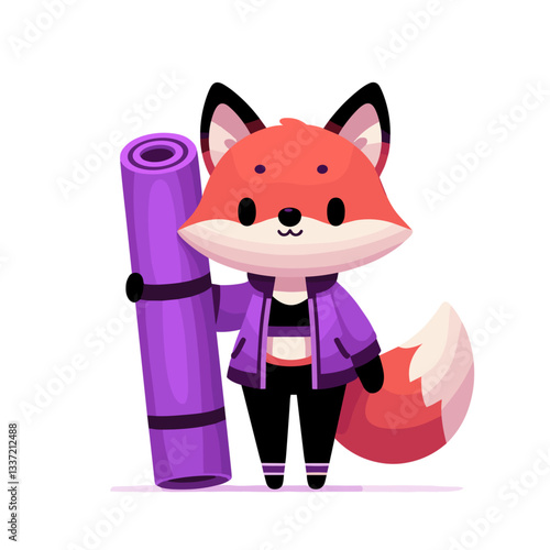 Vector cartoon fox in purple jacket holding yoga mat. Perfect for fitness classes, wellness programs, or healthy lifestyle content for beginners.