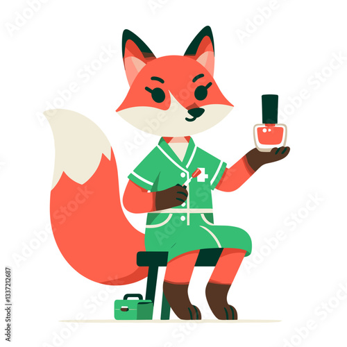 Stylish fox beautician with nail polish in green salon uniform. Perfect for beauty salon branding or nail art tutorials.