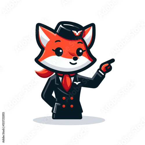 Cartoon fox flight attendant in formal uniform pointing direction. Perfect vector illustration for aviation themes, travel service concepts, or airline mascot designs.