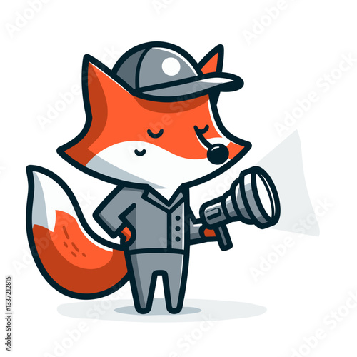 Cartoon fox detective in gray outfit holding flashlight. Perfect vector illustration for mystery themes, investigation concepts, or sleuth character designs.