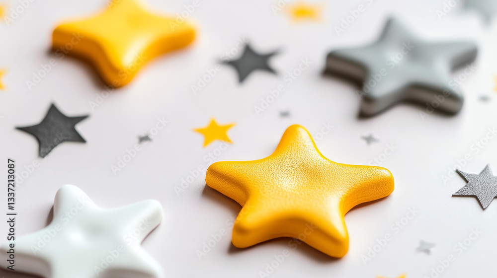 3D render set of rating stars isolated on white background. Colorless and fully yellow web design ui elements for illustration of customer feedback, game score rank, achievement scale. 3D Illustration 3D render set of rating stars isolated on white background. Colorless and fully yellow web design ui elements for illustration of customer feedback, game score rank, achievement scale. 3D Illustration
