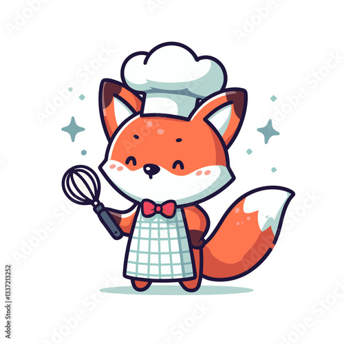 Chef fox character in white apron holding whisk. Vector illustration for cooking classes, bakery branding, or culinary tutorial concepts.