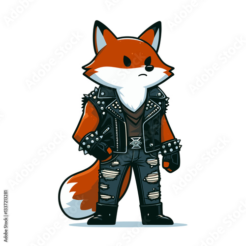 Rebellious fox in black leather jacket with metal studs. Vector illustration for rock music culture, alternative fashion, or urban streetwear concepts.