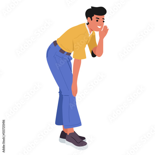 Gossiping teenage guy cartoon character whispering spreading ridicule isolated on white background