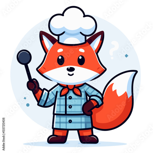 Vector cartoon fox chef in blue uniform holding ladle. Ideal for cooking shows, recipe websites, or culinary education programs for children.