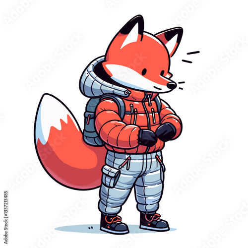 Vector cartoon fox in winter parka jacket feeling cold. Perfect for winter clothing brands, cold weather advisories, or seasonal outdoor safety information.
