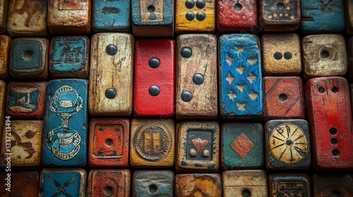 Vintage wooden chess pieces, colorful pawns, weathered paint, rustic texture, close-up photography, shallow depth of field, antique game pieces, red yellow black, distressed finish, macro detail, nost