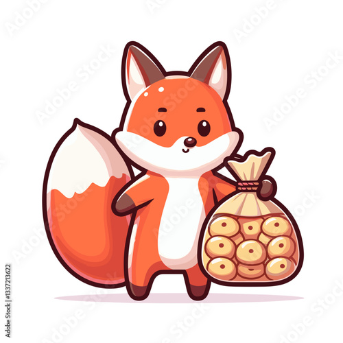 Cute fox with bag of cookies or baked goods. Perfect for bakery branding or homemade treat delivery service illustration.