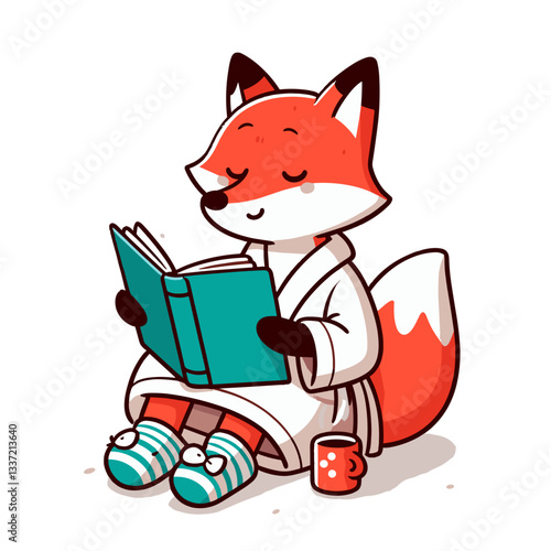 Cute fox reading book in comfortable white sweater. Perfect for educational content or reading program illustration.