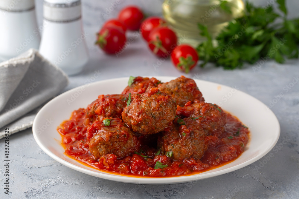 Delicious fresh meatballs in tomato sauce with salt, spices and herbs
