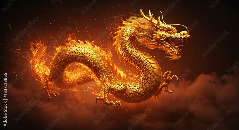 Fototapeta premium Chinese New Year 3d dragon fire invitation sign featuring gold calligraphy, a dragon silhouette, and a contemporary red gradient background. 