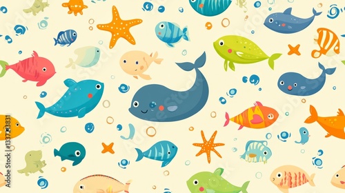 Seamless pattern of adorable cartoon whales, sharks, fish, and starfish swimming underwater, creating a cheerful and vibrant design