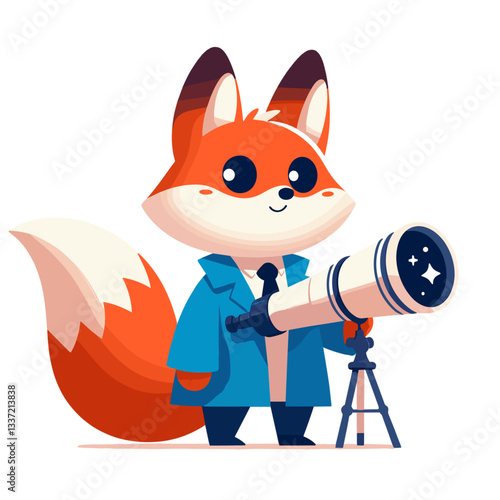 Cartoon fox astronomer in blue outfit with telescope. Perfect vector illustration for star gazing, astronomy themes, or scientific discovery character designs.