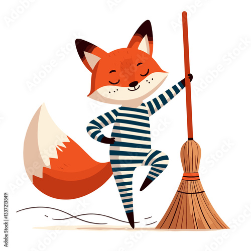 Cartoon fox prisoner in striped outfit with broom. Perfect vector illustration for correctional facility themes, detention concepts, or humorous character designs.