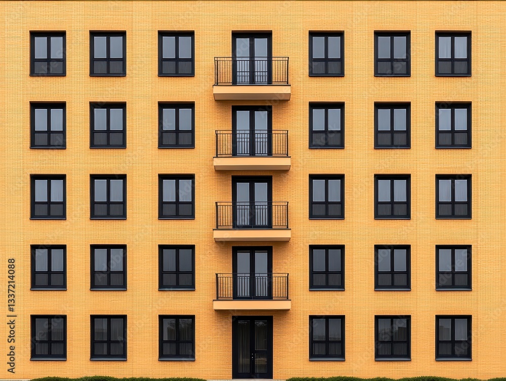 Modern apartment building with yellow facade and black windows in urban setting Modern apartment building with yellow facade and black windows in urban setting
