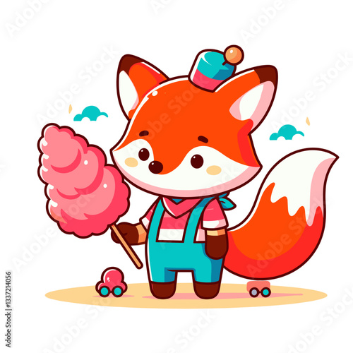 Carnival fox vendor with cotton candy in colorful outfit. Vector illustration for fairground attractions, sweet treats, or festive entertainment concepts.