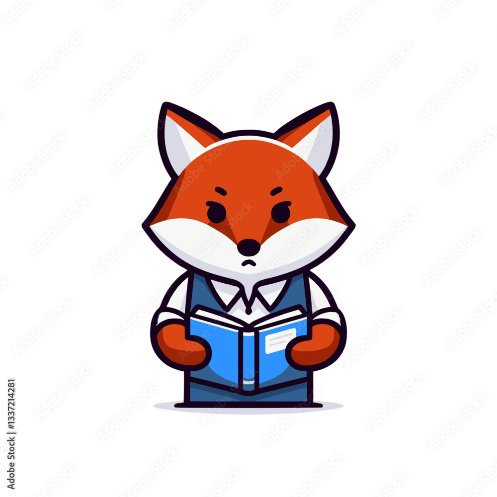 Obraz premium Studious fox character in blue outfit reading book. Vector illustration for education themes, library services, or knowledge acquisition concepts.