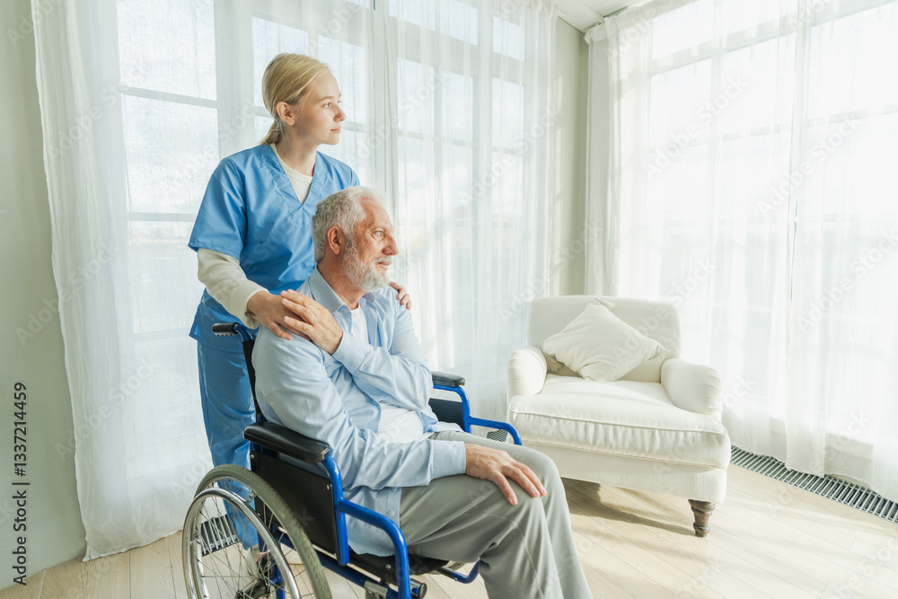 Help support retirement healthcare. Nurse helping old man in wheelchair. Patient and woman in nursing home for medical caregiver. Nurse taking care of paralyzed man in chair for people with disability Help support retirement healthcare. Nurse helping old man in wheelchair. Patient and woman in nursing home for medical caregiver. Nurse taking care of paralyzed man in chair for people with disability