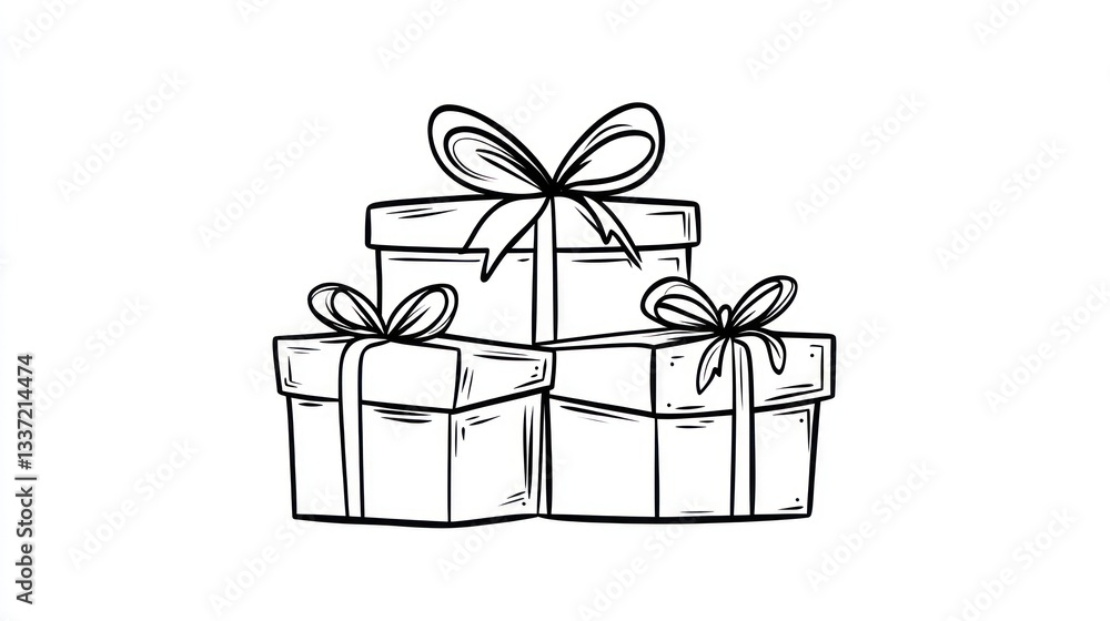 Obraz premium Stack of gift boxes with ribbons. Hand-drawn style illustration of presents