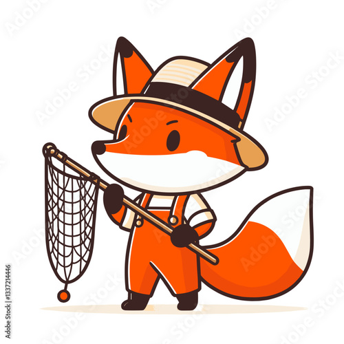 Vector cartoon fox entomologist in safari hat with butterfly net. Perfect for nature exploration, insect studies, or outdoor educational programs for children.