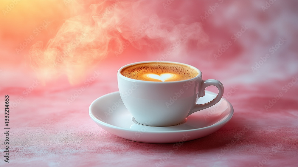 Fototapeta premium Cup of coffee with heart-shaped latte art on a soft pink background