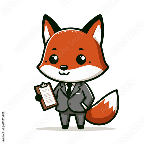 Professional fox manager with clipboard in gray suit. Perfect for business consulting or project management service illustration.