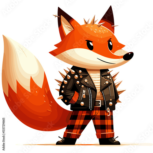 Cartoon fox punk in leather jacket with spikes. Perfect vector illustration for rebel themes, alternative fashion concepts, or edgy character designs.
