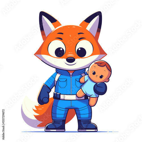 Cartoon fox babysitter in blue jumpsuit holding teddy bear. Perfect vector illustration for childcare themes, babysitting services, or nurturing character designs.