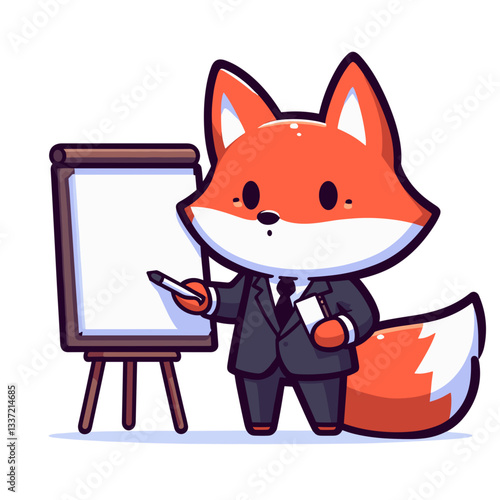 Cartoon fox business presenter in formal suit with whiteboard. Perfect vector illustration for corporate training, presentation concepts, or educational character designs.