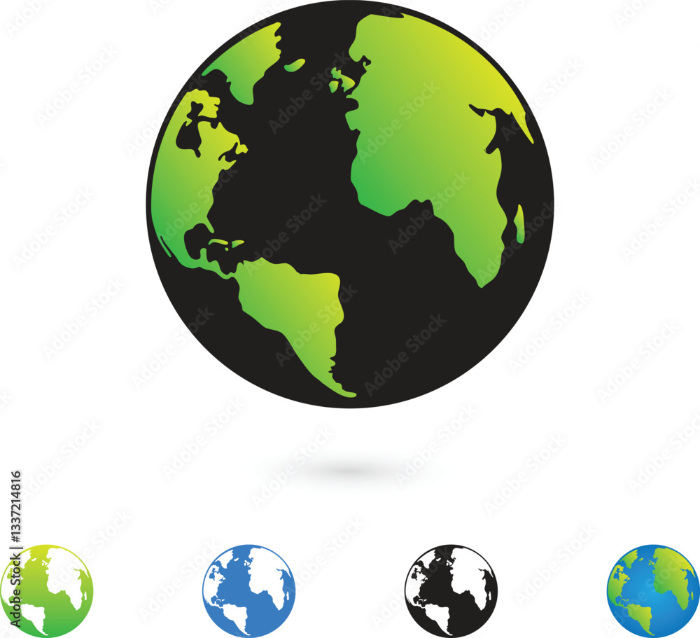 Obraz premium Globe icon with green continents, black oceans, and color variations