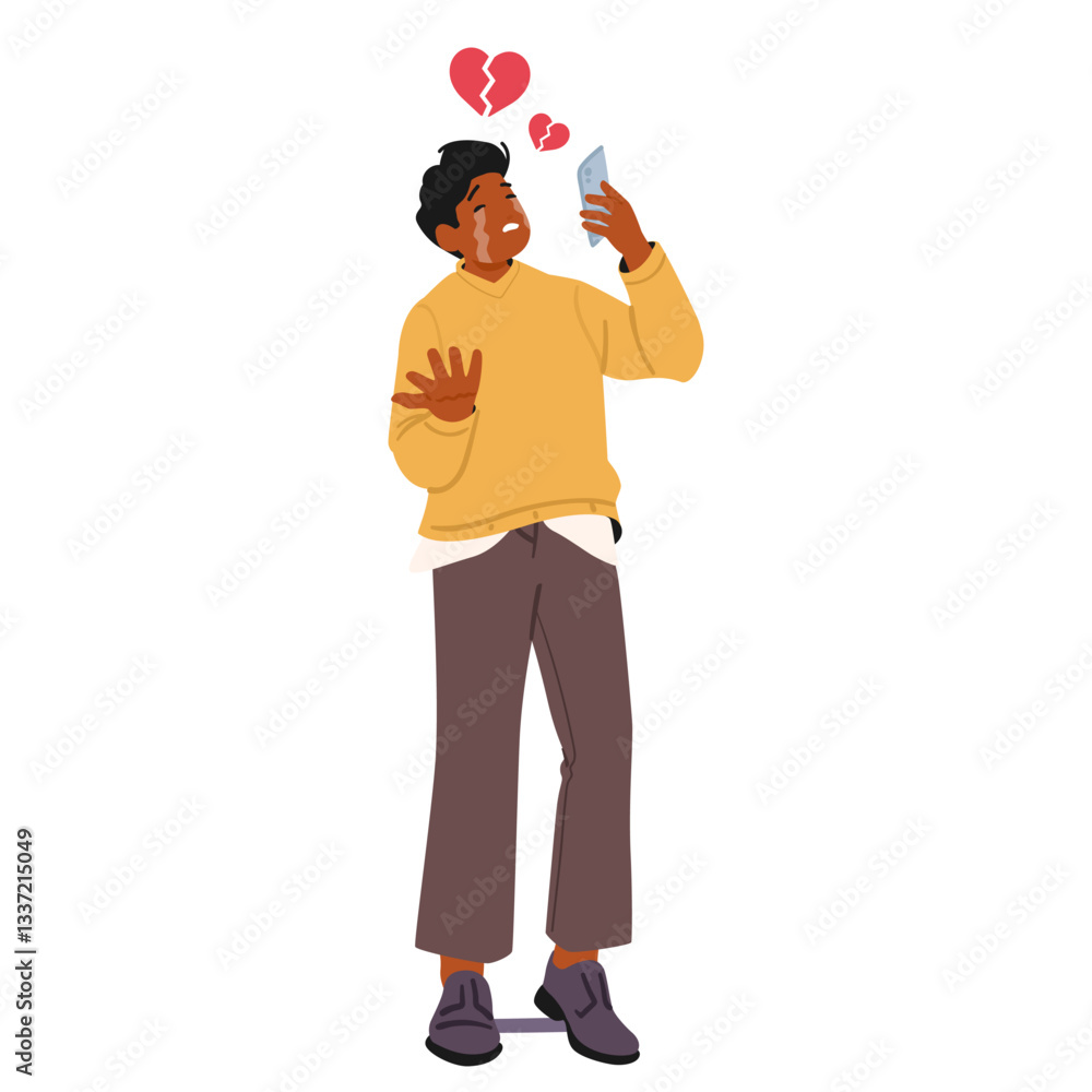 Teenage boy cartoon character feeling unhappy crying looking at phone screen isolated on white