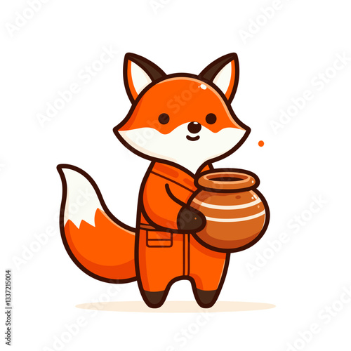 Vector cartoon fox in orange jumpsuit with pottery vase. Perfect for ceramic workshops, art classes, or handcraft business promotions.