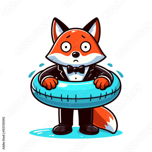 Vector cartoon fox waiter with swim ring in formal attire. Perfect for pool party services, cruise ship entertainment, or summer resort promotions.