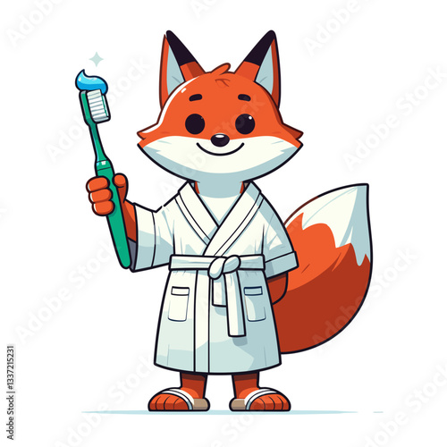 Dental hygienist fox in white robe holding toothbrush. Vector illustration for dental care services, oral hygiene education, or pediatric dentistry concepts.