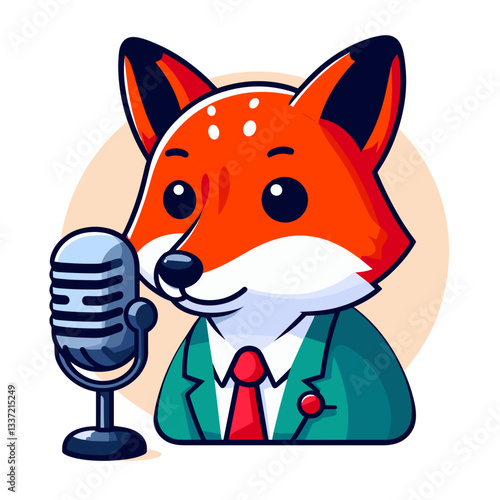 Vector cartoon fox broadcaster with vintage microphone in formal suit. Perfect for podcast services, radio shows, or public speaking educational content.