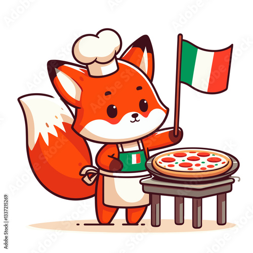 Vector cartoon fox chef in Italian apron with pizza and flag. Ideal for Italian restaurants, cooking classes, or international cuisine festivals.