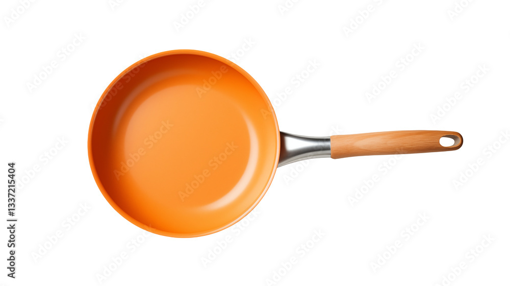 A top down view of an orange non stick frying pan with a wooden handle on a black backgroundisolated on transparent background A top down view of an orange non stick frying pan with a wooden handle on a black backgroundisolated on transparent background