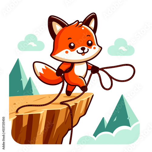 Brave fox climber with rope on cliff edge against mountain backdrop. Perfect for extreme sports or outdoor adventure illustration.