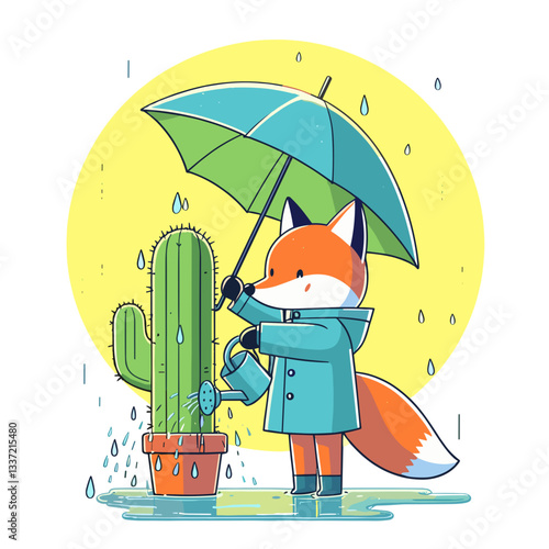 Cheerful fox gardener watering cactus with umbrella in rain. Perfect for plant care guides or gardening blog illustration.
