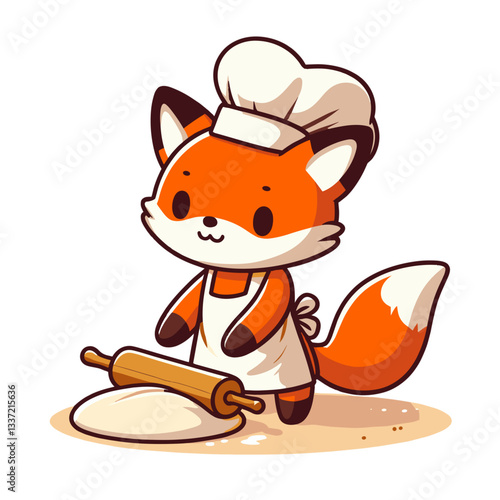 Vector cartoon fox baker with rolling pin and flour dough. Perfect for bakery businesses, cooking classes, or homemade pastry promotions.
