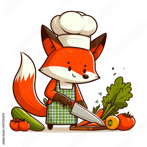 Vector cartoon fox chef with vegetables and knife in checkered apron. Perfect for cooking classes, vegetarian recipes, or fresh produce promotions.