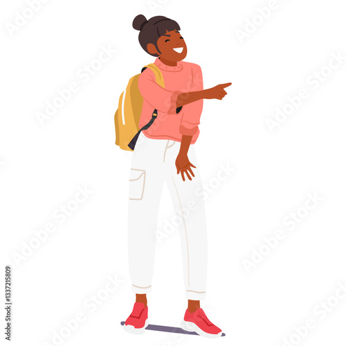 Teenage girl student cartoon character pointing finger laughing spreading gossips isolated on white