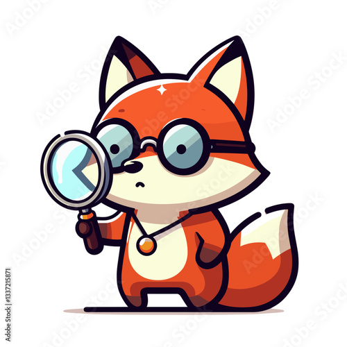 Curious fox detective with magnifying glass and pendant. Vector illustration for investigation services, mystery solving, or children's detective stories.